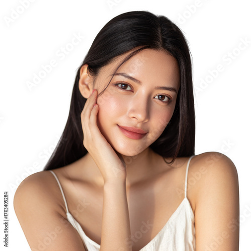 A woman with long black hair is smiling and has her hands on her face