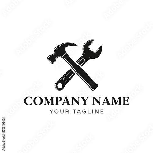 Black and white logo featuring a crossed hammer and wrench, symbolizing repair, construction, and handyman services for a company.