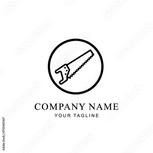 Minimalist black and white logo template featuring a hand saw icon within a circle.