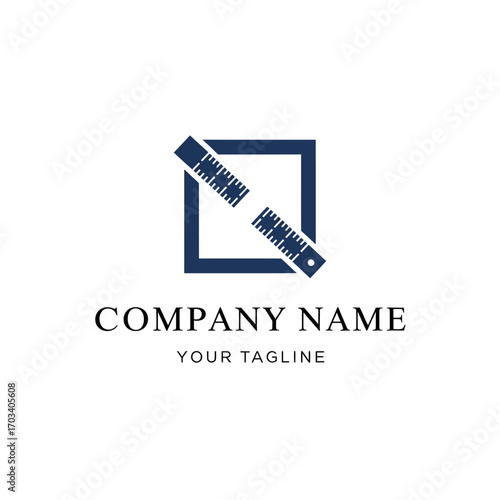 Dark blue logo design featuring a square frame with overlapping film strip and measuring tape inside, suitable for a company or business.