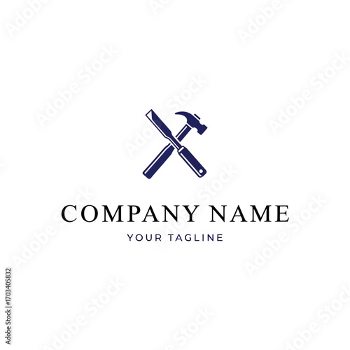 A minimalist logo featuring a crossed hammer and chisel, symbolizing craftsmanship and construction, with space for company name and tagline.