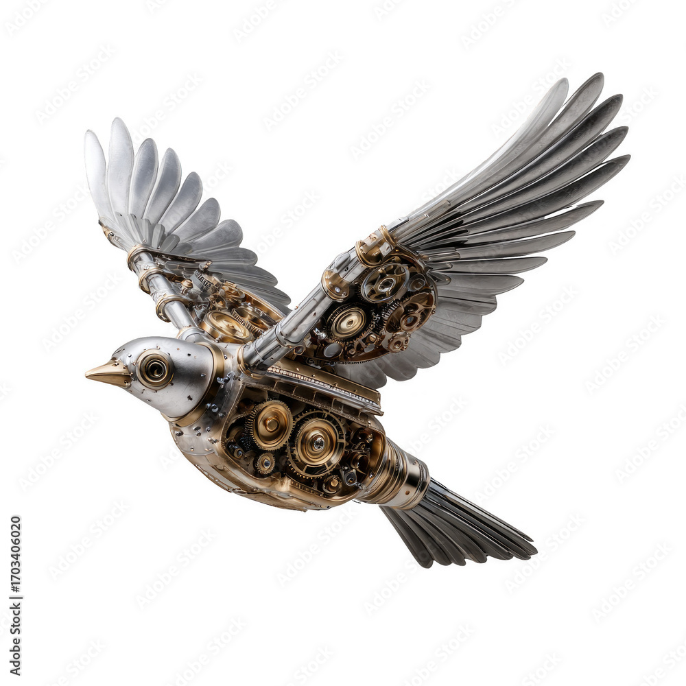 Fototapeta premium A silver and gold bird with mechanical parts on its wings and body