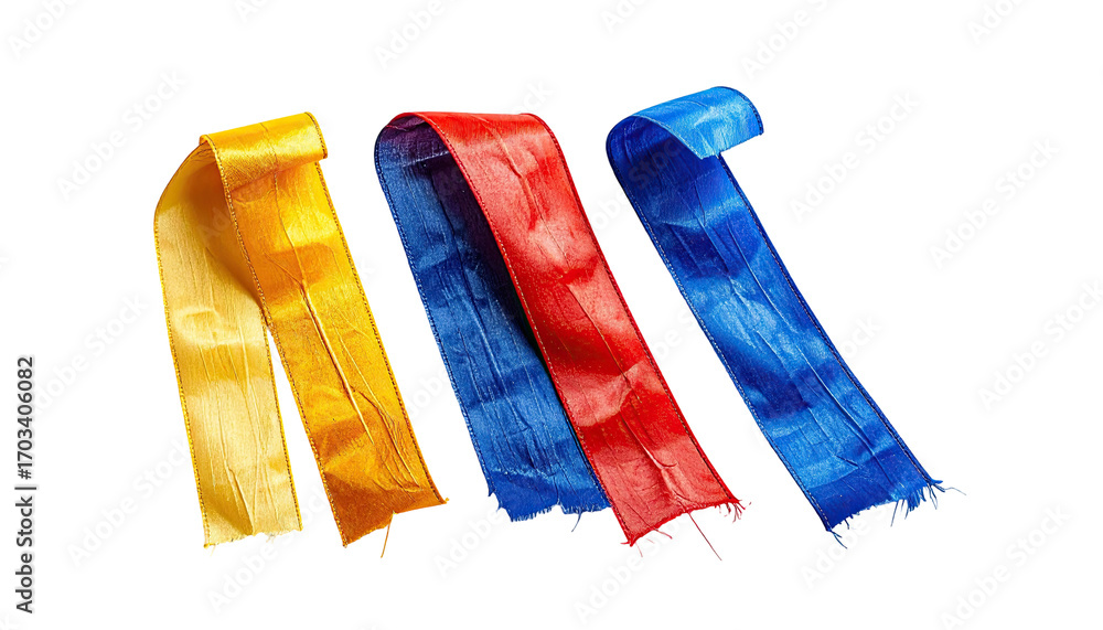 Naklejka premium Four colorful ribbons, yellow, red, and blue, lie against a black background. The ribbons appear slightly textured and have frayed edges. They are oriented diagonally