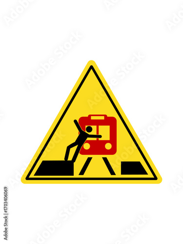 Caution, platform edge of railroad or underground. Warning yellow triangle sign with person falling in front of upcoming train.