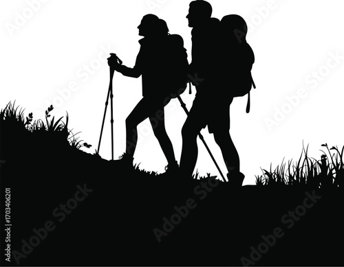 Hikers trekking uphill with backpacks silhouette