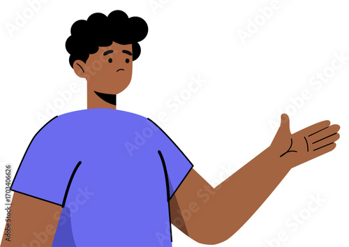 Young african american man presenting something with open palm. Male gesturing with hand. Guy showing direction on blank background, illustration for copy space.