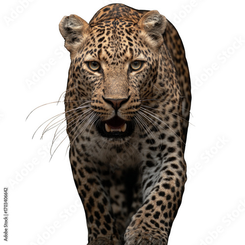 A leopard is walking on a white background