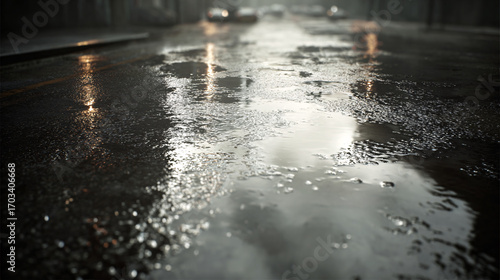 Close-up view of a wet asphalt road reflecting streetlights and a cloudy sky after rainfall.