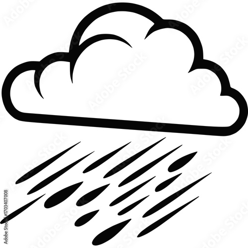 Black and white vector illustration of a rain cloud icon with slanted raindrops, symbolizing a storm or downpour. Simple weather graphic