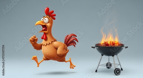 Funny Cartoon Chicken Escaping Grill