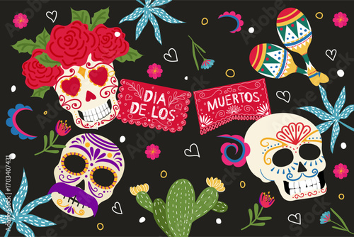Day of the Dead celebration. Colorful skulls and festive decorations. Sketch for the Day of the Dead celebration.