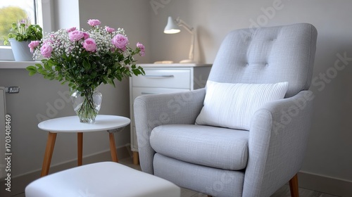 A cozy living space featuring a gray armchair, a white side table, and a vase of pink flowers, creating a serene and inviting atmosphere.