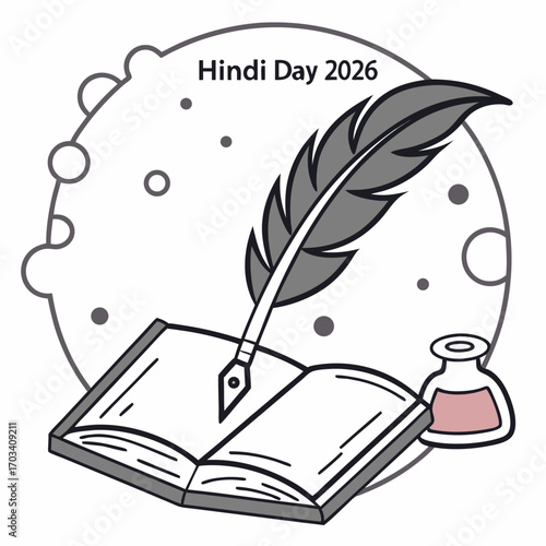 Celebrate hindi day 2026 with a quill pen open book and inkwell illustration