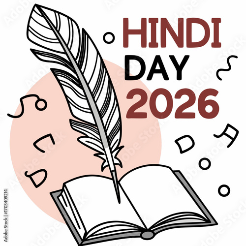 Celebrate hindi day 2026 with a quill pen and open book symbolizing knowledge and literature