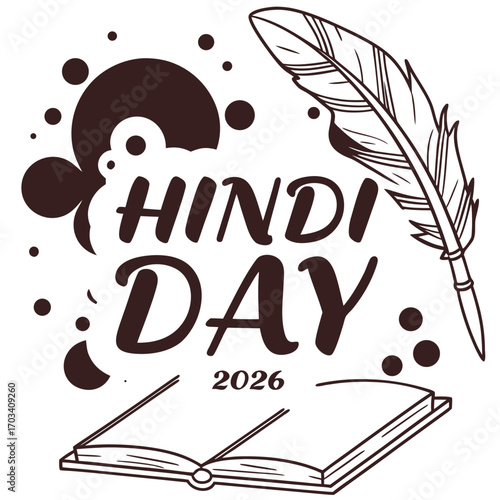 Celebrate hindi day 2026 with a feather pen and open book illustration