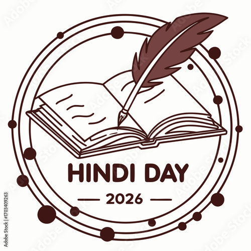 Celebration of hindi day in 2026 with an open book and quill pen illustration inside a circular frame