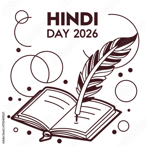 Celebrate hindi day 2026 with a quill pen and open book illustration