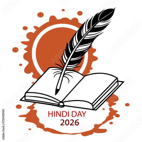 Celebrate hindi day 2026 with a quill pen and open book symbolizing knowledge and literature