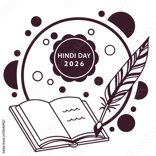 Celebrating hindi day 2026 with an open book and quill symbolizing knowledge and tradition