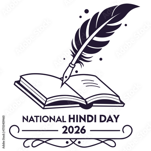 National hindi day 2026 celebration with a quill pen writing in an open book symbolizing literature and language