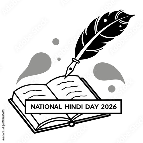 Celebrating national hindi day 2026 with a quill pen writing in an open book