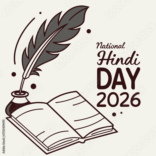 Celebrating national hindi day 2026 with a quill pen inkwell and open book illustration