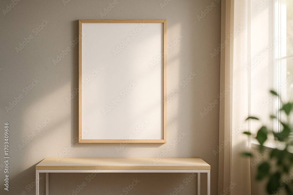 Fototapeta premium Blank vertical wood framed poster mockup in a sunlit Scandinavian living room.
