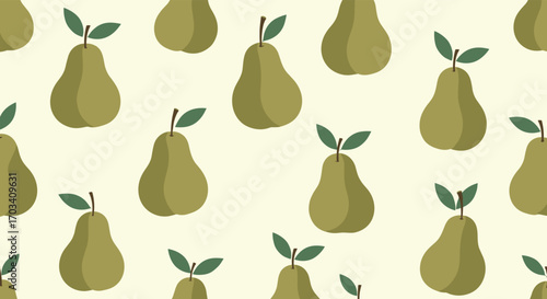 A charming pattern of ripe pears with green leaves on a cream background