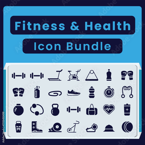 Fitness and health icon bundle with exercise equipment and symbols vector