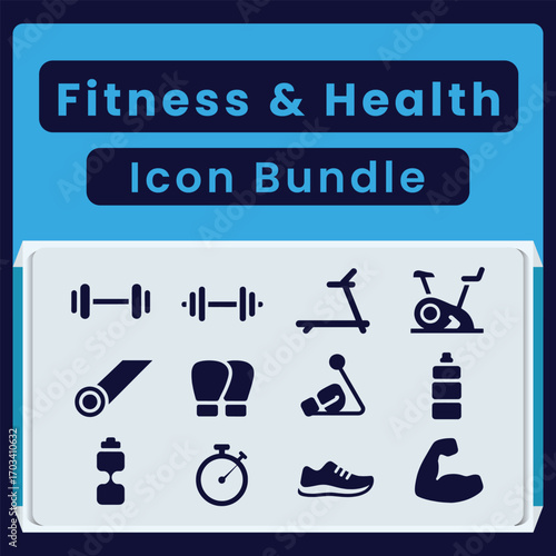 Fitness and health icon bundle with dumbbells treadmill exercise bike boxing gloves yoga mat water bottle stopwatch sneaker and bicep