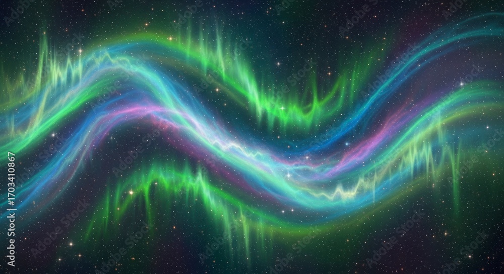 Obraz premium A mesmerizing display of aurora borealis ribbons against a starry night sky, showcasing vibrant colors and flowing patterns.