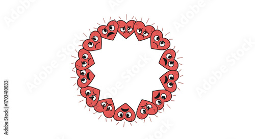 Animated group of sad red hearts forming a circle with faces expressing disappointment and worry on a white background