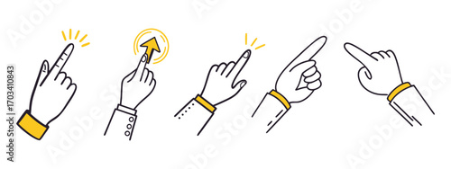 collection of pointing hand, Hand click cursor icon set in yellow with black outline