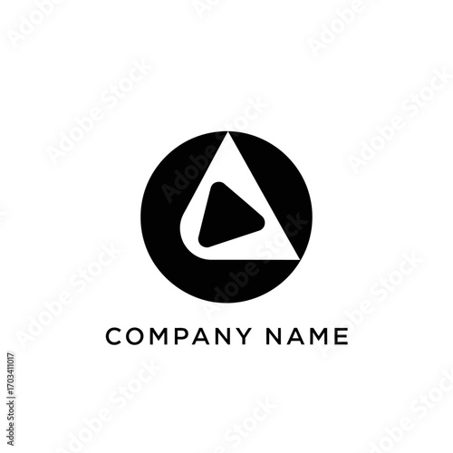 black and white logo design with play button shape.
