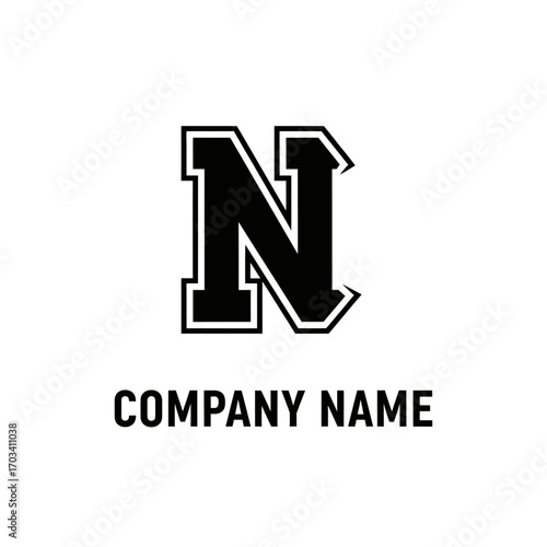 Bold Black Letter N Logo Design with Varsity Style Outline.