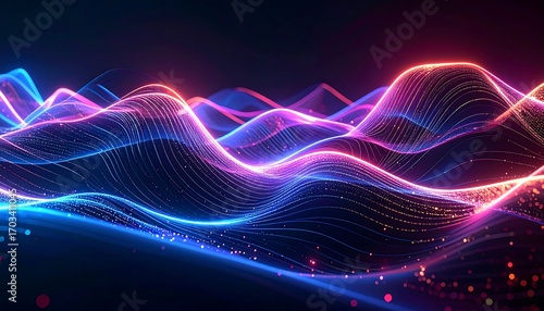 Wallpaper Mural Vibrant, abstract digital art piece showcasing flowing, neon-colored waveforms across a dark background, creating a dynamic, illuminated landscape Torontodigital.ca