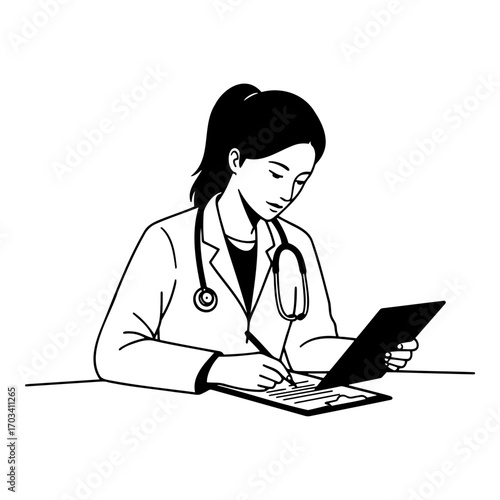 Female doctor writing notes while examining patient file at desk  