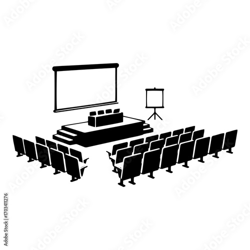 Conference stage with seats and presentation screen setup  