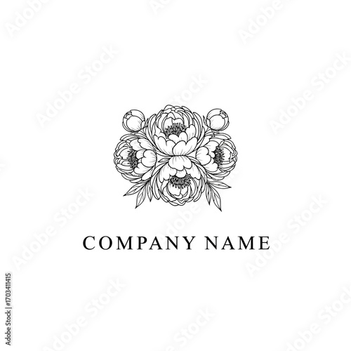 Elegant floral logo design featuring a cluster of peonies and company name.