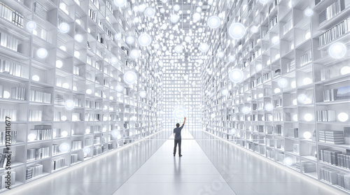 Man Interacting with Infinite Digital Knowledge in Futuristic AI Library