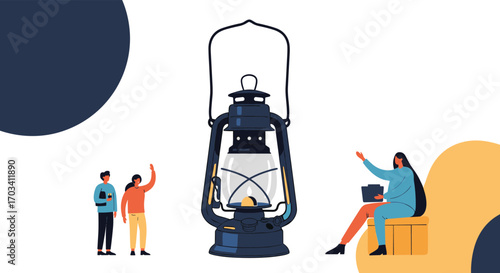 A vintage lantern illuminates a scene of people gathering and sharing ideas under the moonlight