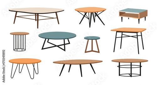 Collection of modern coffee tables and side tables for living room and lounge areas featuring diverse designs and styles