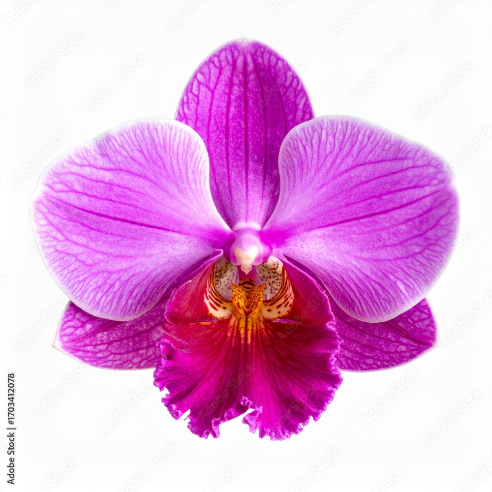 Fototapeta premium Detailed Close Up of a Purple and White Orchid Flower with Yellow and Red Center on White Background