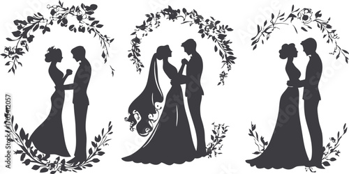 Elegant wedding couple silhouettes embracing under floral arches romantic celebration design elements