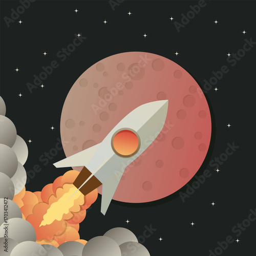 Rocket ship in a flat style.Vector illustration with 3d flying rocket. Space travel to the moon. Space rocket launch. Project start up and development process.