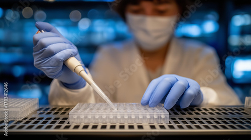 A scientist prepares viral vectors for gene editing in a virology lab with pipettes dispensing biosafety cabinets humming viral stocks chilling and gloves stacked presented