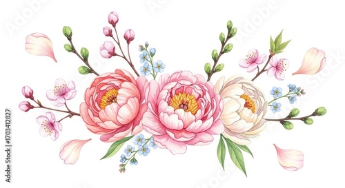 A delicate arrangement of pastel pink and white peonies, cherry blossoms, and forget-me-nots, showcasing a soft, spring-like mood against a pristine white backdrop.