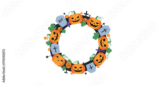 Spooky halloween pumpkin wreath decoration with graveyard accents festive fall holiday celebration art