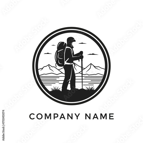 Silhouette of a hiker with a backpack and trekking poles logo design.