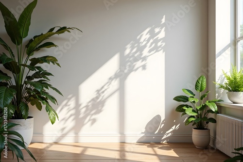 Bright sunlight, leafy green plants, white walls, wooden floor.